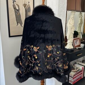 Unbranded Black Fur Trimmed Cape with Metallic Thread Embroidery